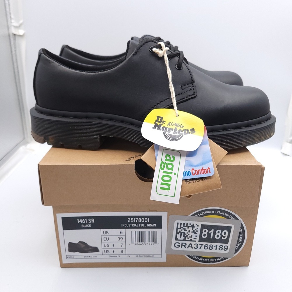Dr Martens Shoes Mens 7 Womens 8 Black Smooth 1461 SR 3 Eye Leather Lug Soles